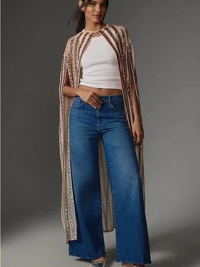 Embellished Sequin Stripe Cape Wrap in Nude